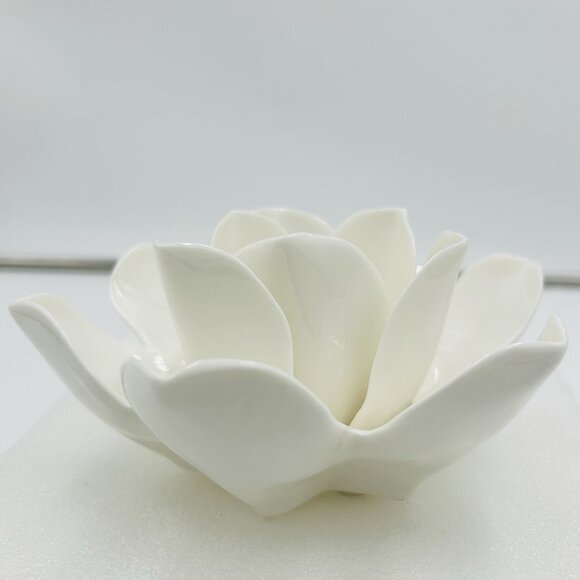 Two's Company Ceramic Tea Light Candle Holder Lotus Flower White 3"H x 6"W - Picture 5 of 8